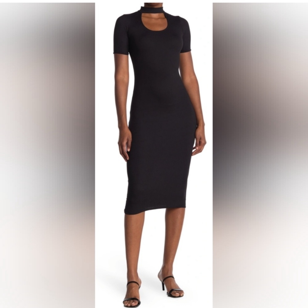 LOVE ADY‎ Ribbed Knit, Neck Cutout, Black Midi Dress Size Large NWT
